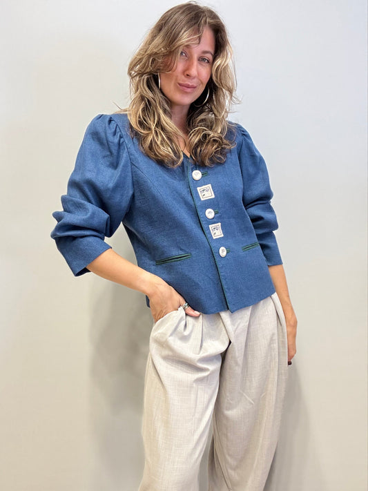 Flower Blue Puff Sleeve Blazer with Metal Buttons
